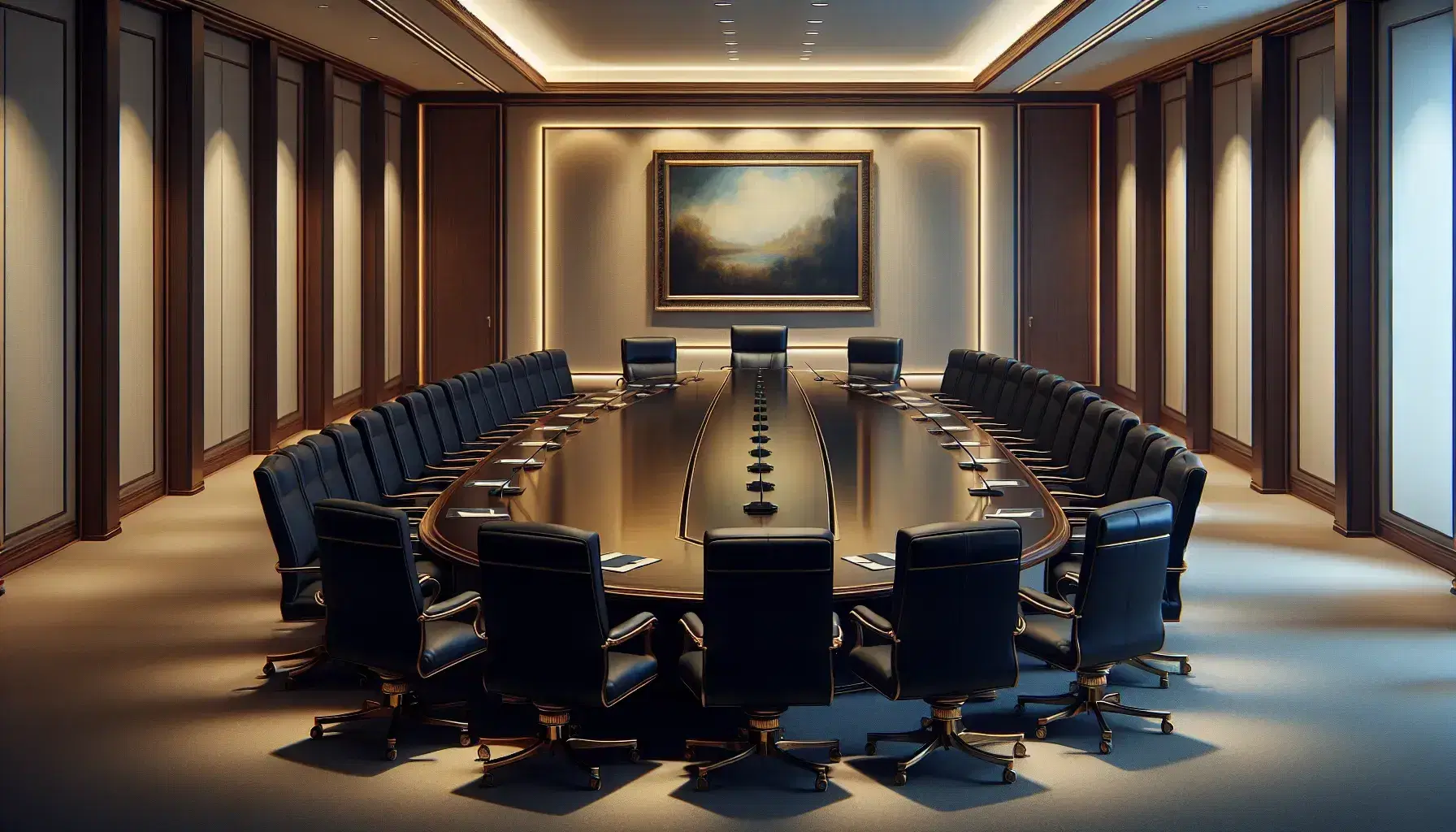 Elegant government conference room with a large oval wooden table, high-backed leather chairs, and a distinctive chair at one end, under soft lighting.