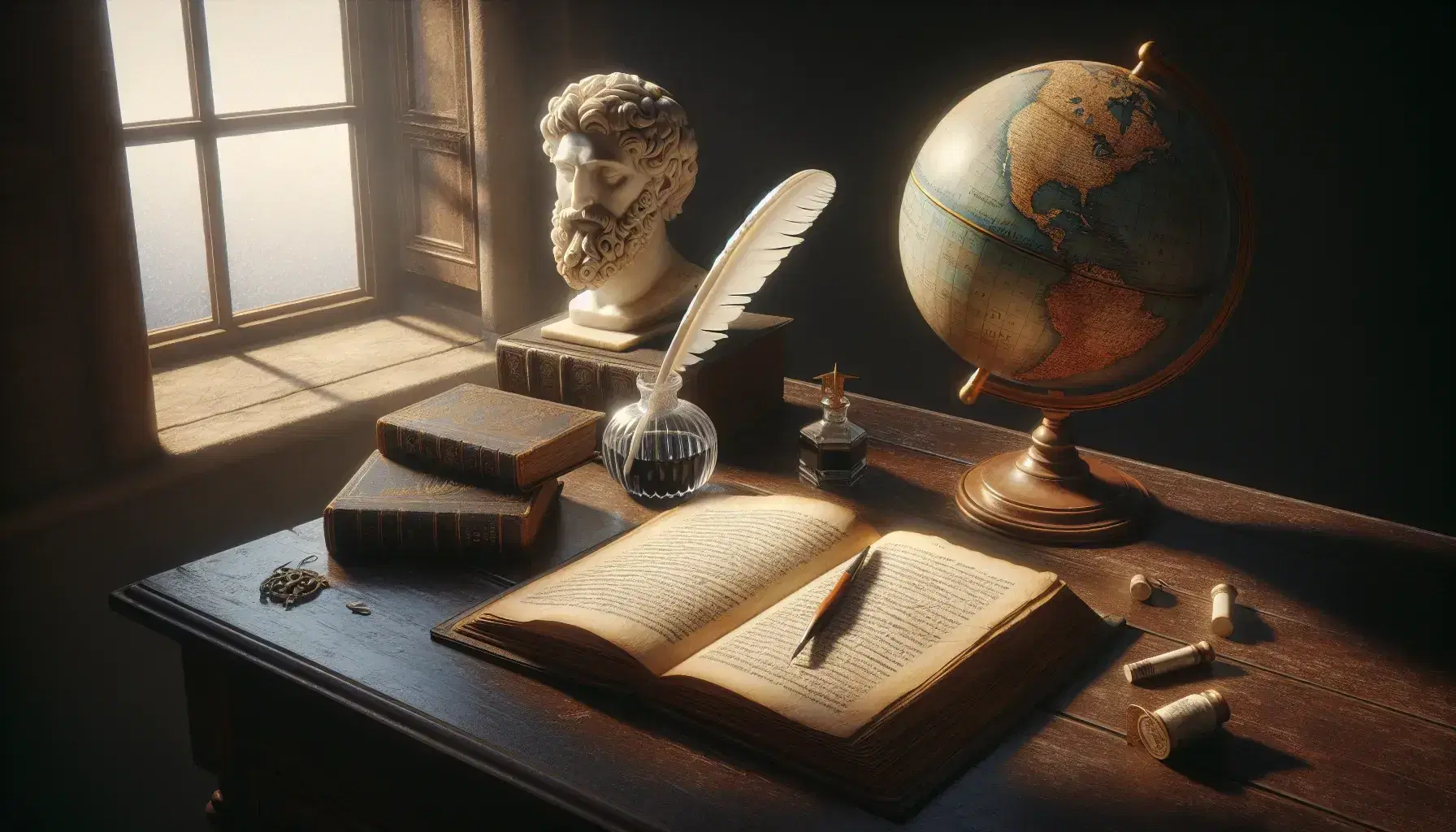 Scrivania in legno scuro con libro aperto, calamaio e penna d'oca, statuetta marmorea di filosofo classico e mappamondo antico.