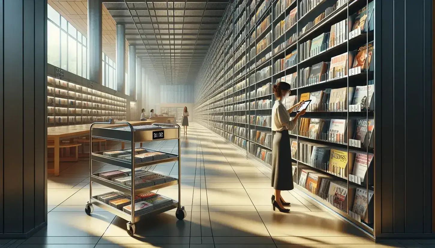 Bibliotecaria con tablet controlla l'inventario in biblioteca moderna, carrello con libri e scaffali pieni di periodici colorati.