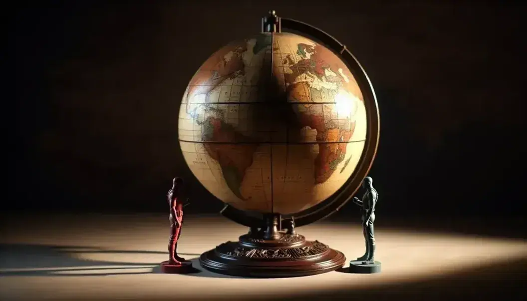 Globo terráqueo vintage sobre soporte de madera oscura con figuras humanas en duelo, una roja y otra azul, en un fondo neutro.