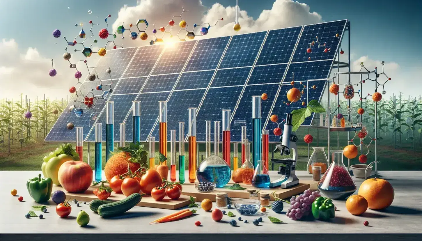 Composición equilibrada con frutas y verduras frescas, paneles solares y tubos de ensayo, simbolizando la química en la agricultura, energía sostenible y avances médicos.