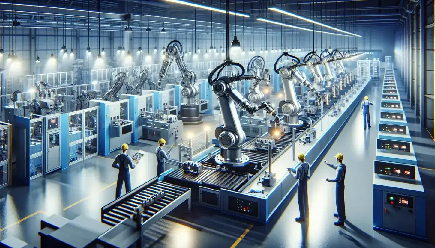 Linea di assemblaggio automatizzata con bracci robotici in fabbrica moderna, operai con caschi gialli e macchinari industriali.