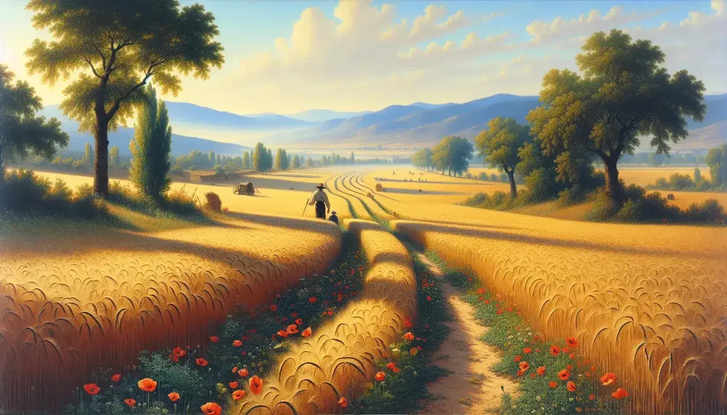 Paisaje rural español del siglo XX con campo de trigo dorado, amapolas rojas, sendero, árboles y montañas azules al fondo, bajo un cielo azul con nubes.