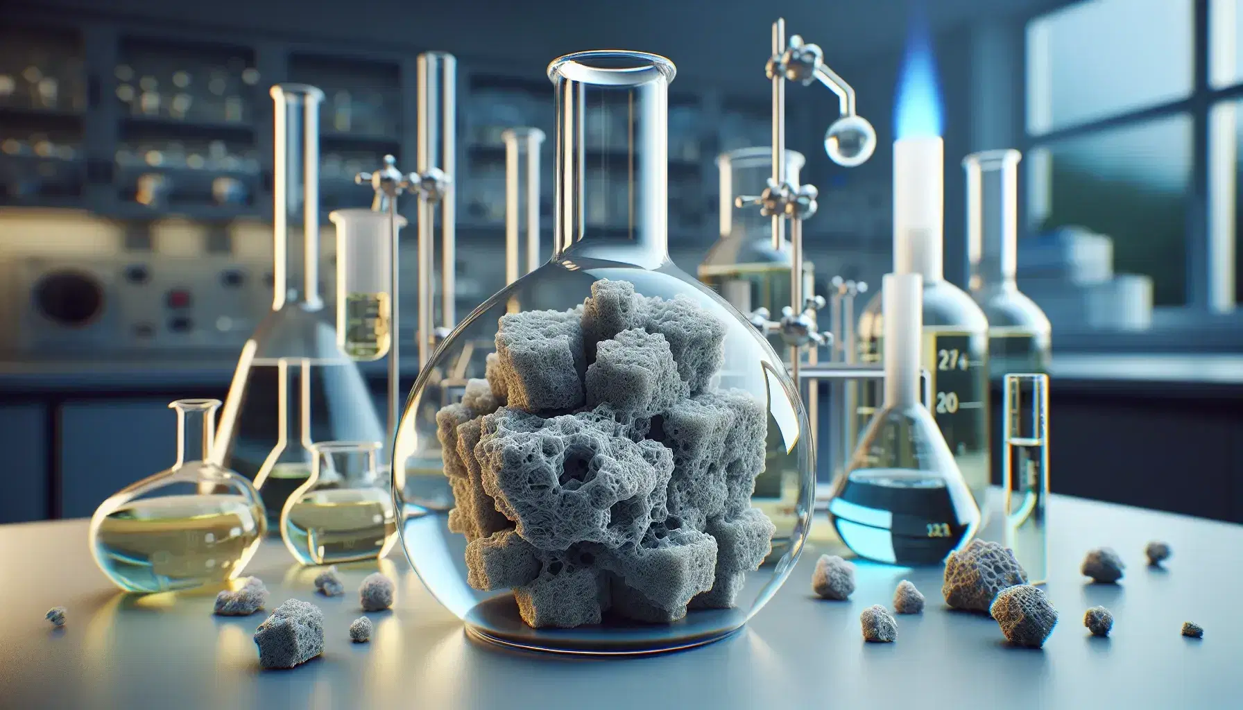 Gray porous heterogeneous catalyst in glass flask on laboratory bench with beakers and test tubes containing colored liquids and lit burner.