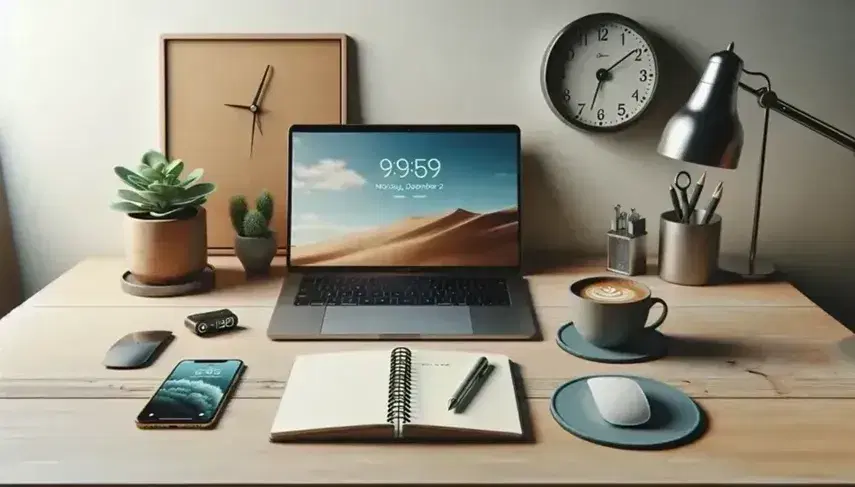 Scrivania in legno chiaro con laptop aperto, mouse wireless grigio, taccuino, penna, orologio analogico, tazza di caffè, cellulare e pianta verde.