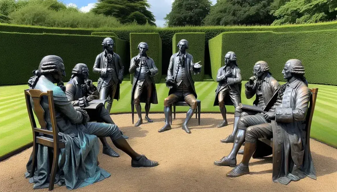 Esculturas de bronce de filósofos de la Ilustración en debate en un jardín clásico, con árboles y cielo despejado.