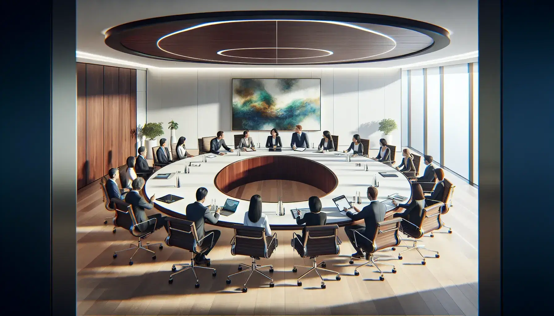 Diverse group engaged in a meeting around a mahogany table in a bright room with abstract art, laptops, and water bottles, highlighting collaboration.