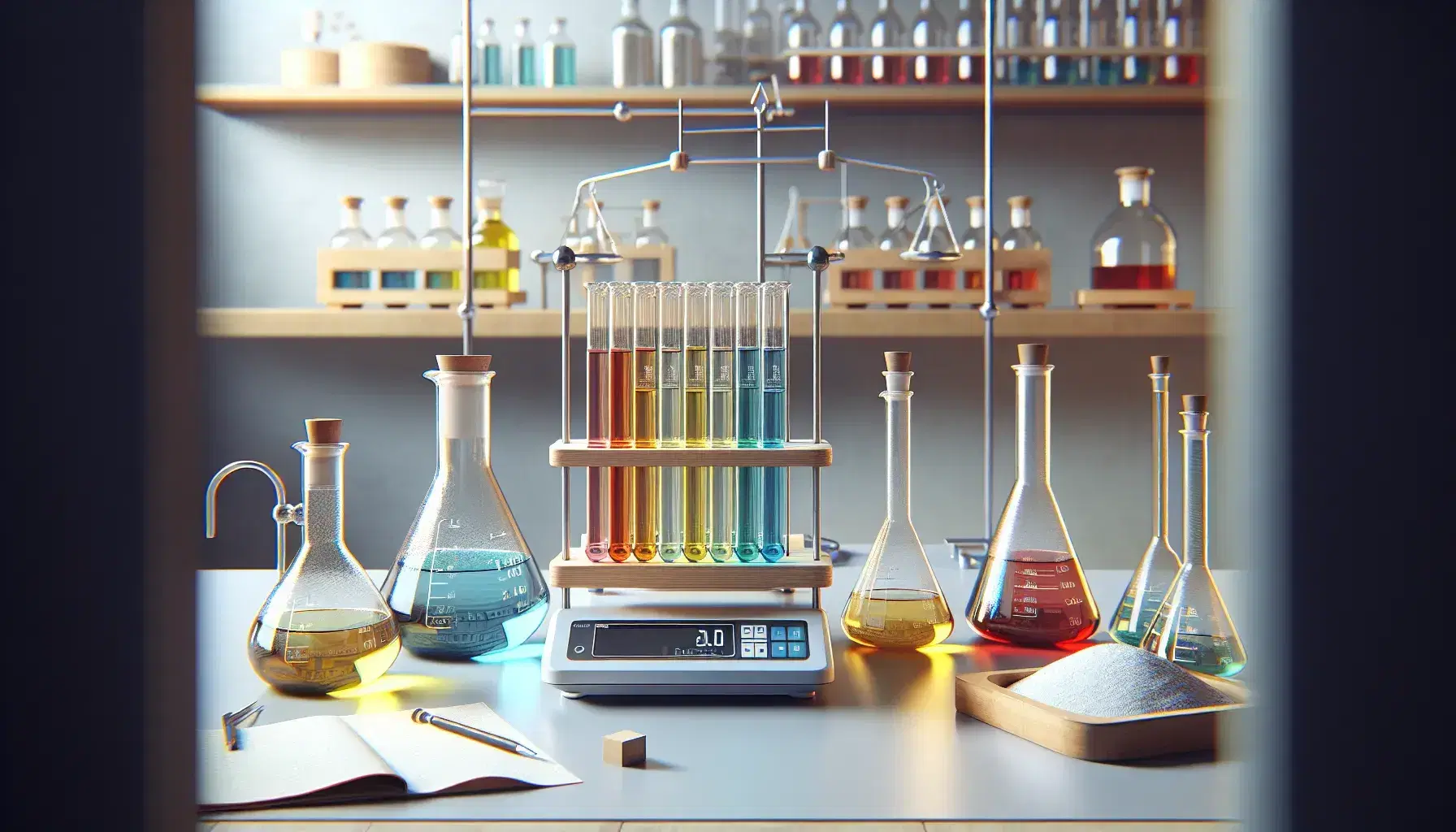 Mesa de laboratorio con Erlenmeyers de soluciones azul, amarilla y roja, tubos de ensayo con líquidos de verde a naranja, balanza analítica y polvo blanco.