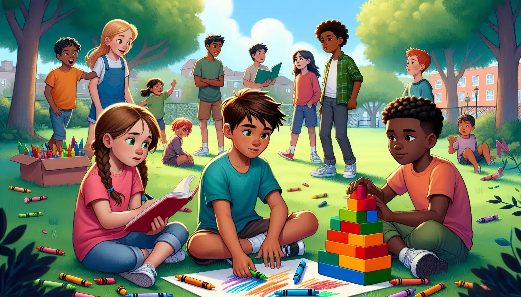 Niños de diversas edades y etnias jugando en un parque soleado, con juegos de construcción y dibujo en primer plano y adolescentes conversando al fondo.