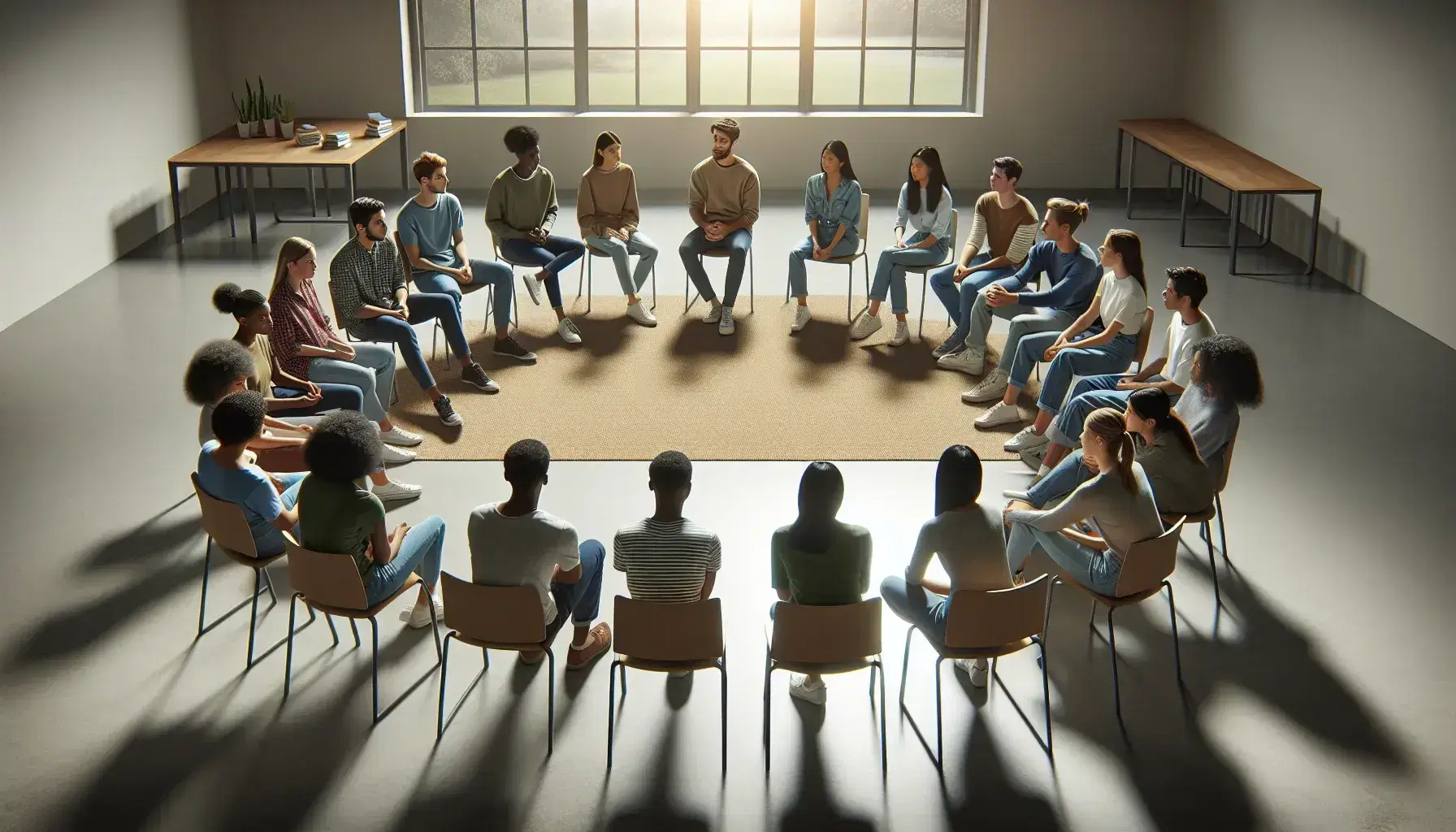 Circle of multiethnic students in bright classroom with empty chair in the center, open dialogue symbol, large windows in the background.