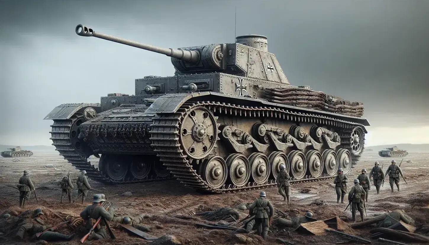 WWI-era German A7V tank on a desolate battlefield with a group of diverse soldiers in period uniforms walking cautiously under a gray sky.