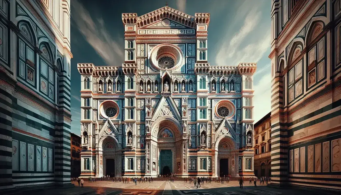 Vista frontal de la Catedral de Santa Maria del Fiore en Florencia, con su cúpula de Brunelleschi y campanario decorados en mármol multicolor bajo un cielo azul claro.