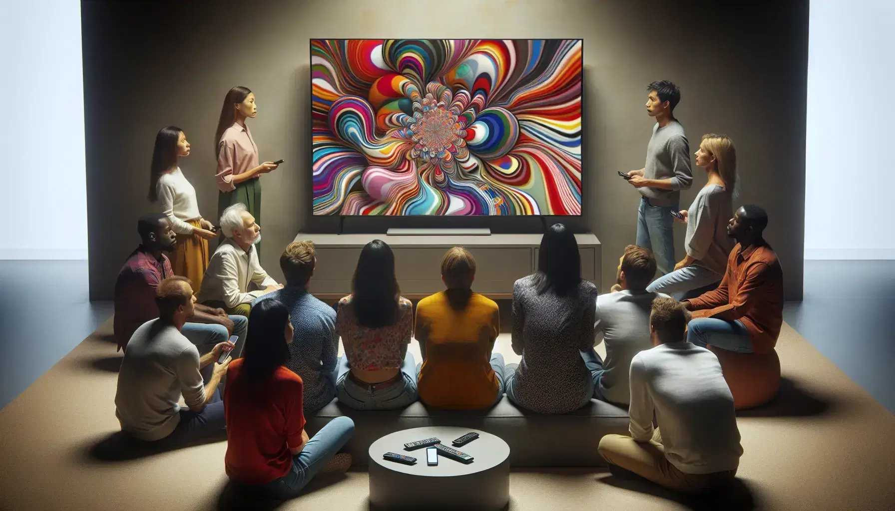Assorted multi-ethnic group watching TV screen with abstract pattern in softly lit room, coffee table with remote controls and smartphone in foreground.