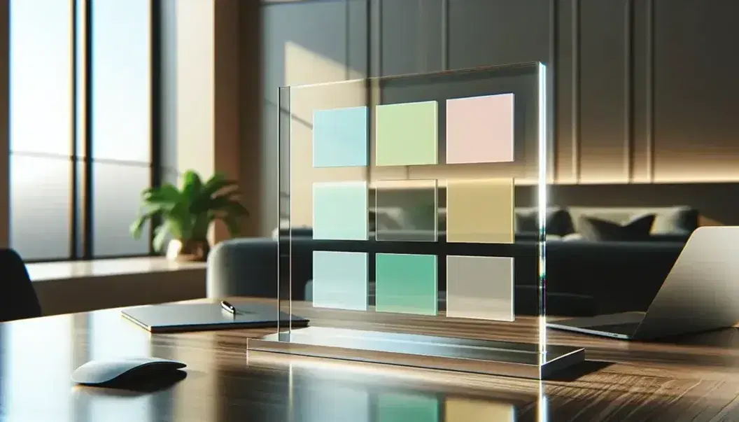 Glass whiteboard with colorful post-its in modern office, silver laptop and coffee cup on dark wooden table, blurry green plants in background.