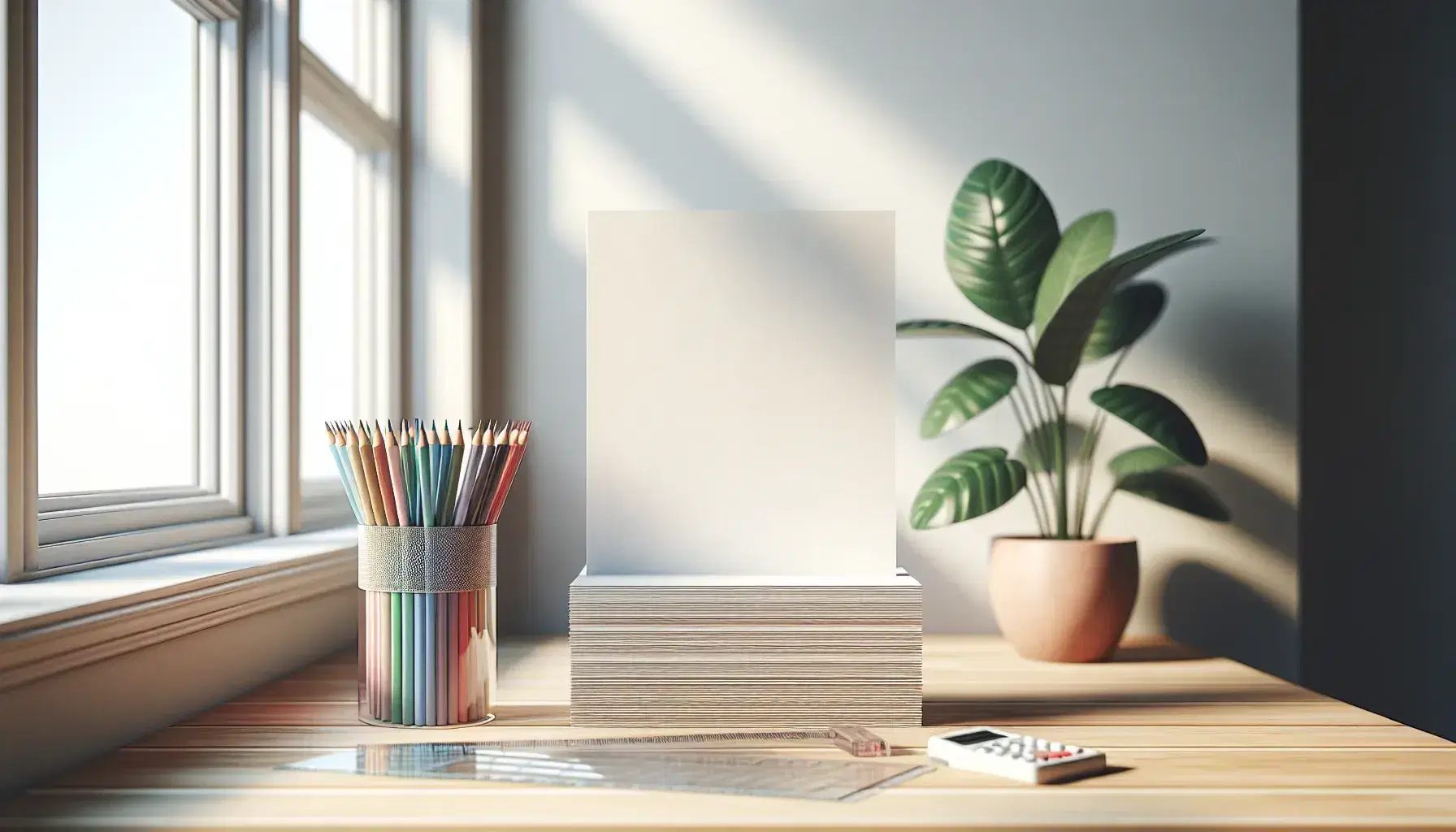 Escritorio de trabajo de madera clara con papeles, regla transparente y lápices de colores en un ambiente iluminado naturalmente, acompañado de una planta y ventana al fondo.