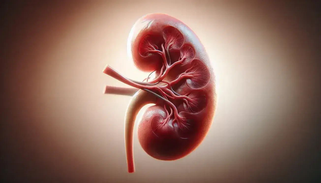 Detailed human kidney with highlighted blood vessels on neutral blurred background, bean shape with three-dimensional shading.