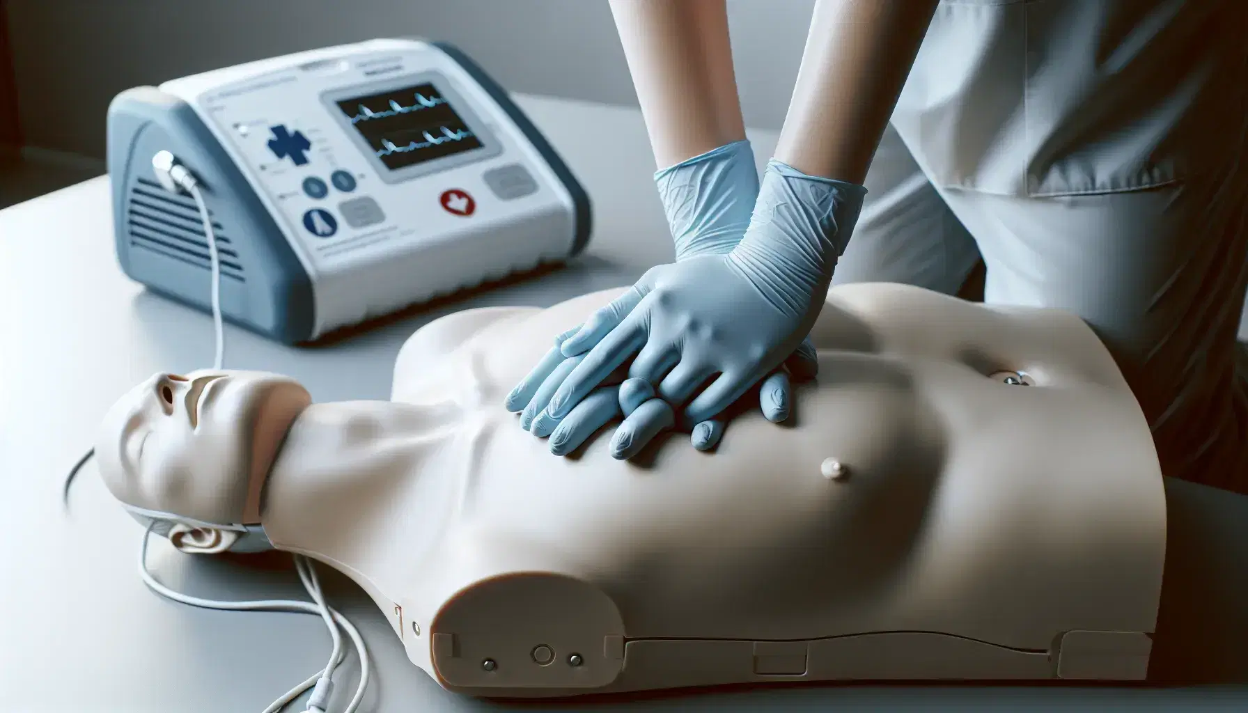 Manos con guantes azules realizando compresiones torácicas en maniquí de RCP con desfibrilador desenfocado al fondo.