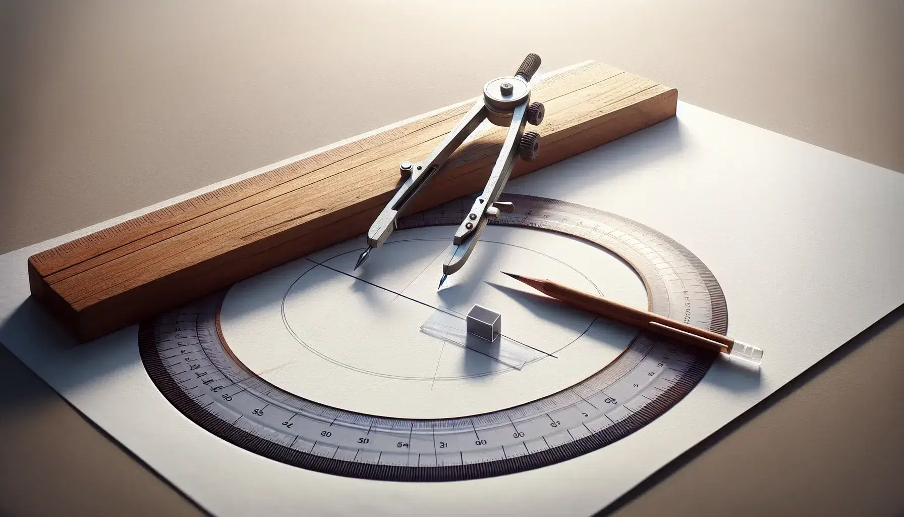 Close-up view of a wooden ruler, metallic compass, and blue protractor on white paper with a pencil-drawn circle, illustrating geometry tools in use.