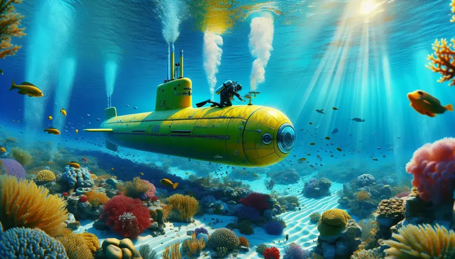 Submarino amarillo parcialmente sumergido en aguas turquesas con burbujas, rodeado de corales coloridos y peces, y un buzo inspeccionando al lado.