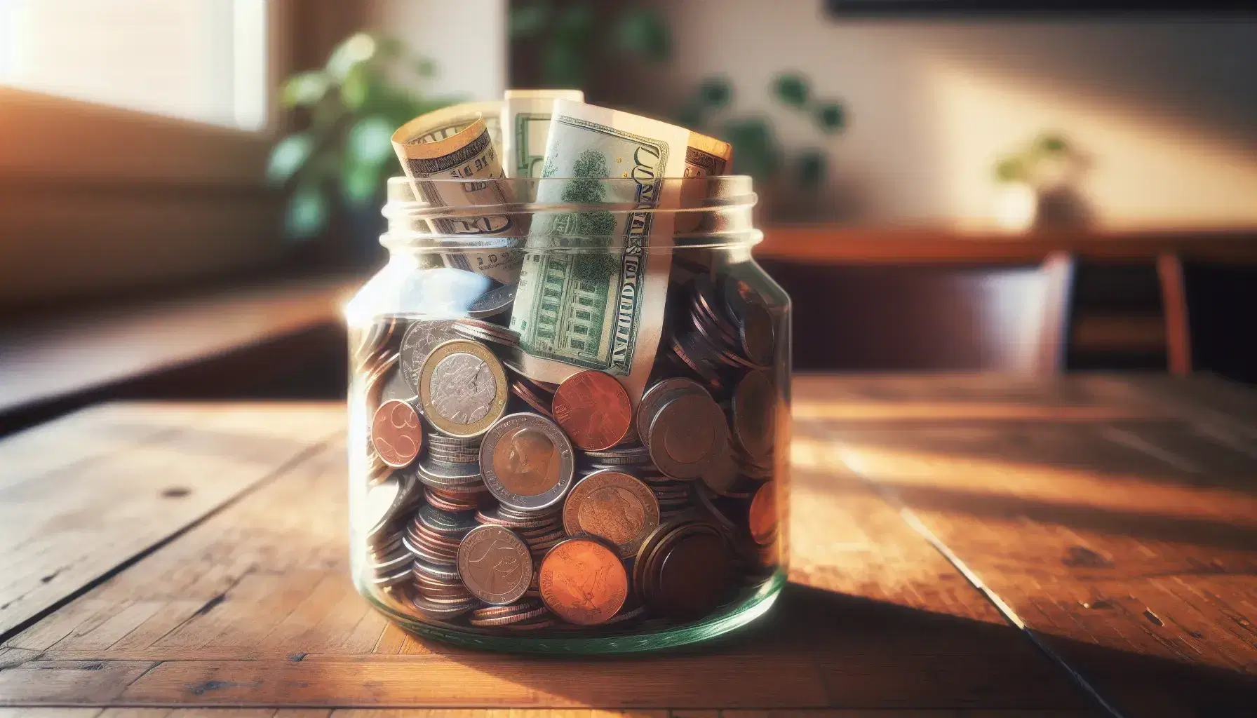 Glass jar filled with mixed coins and rolled paper currency on a wooden table, with a softly blurred green background.