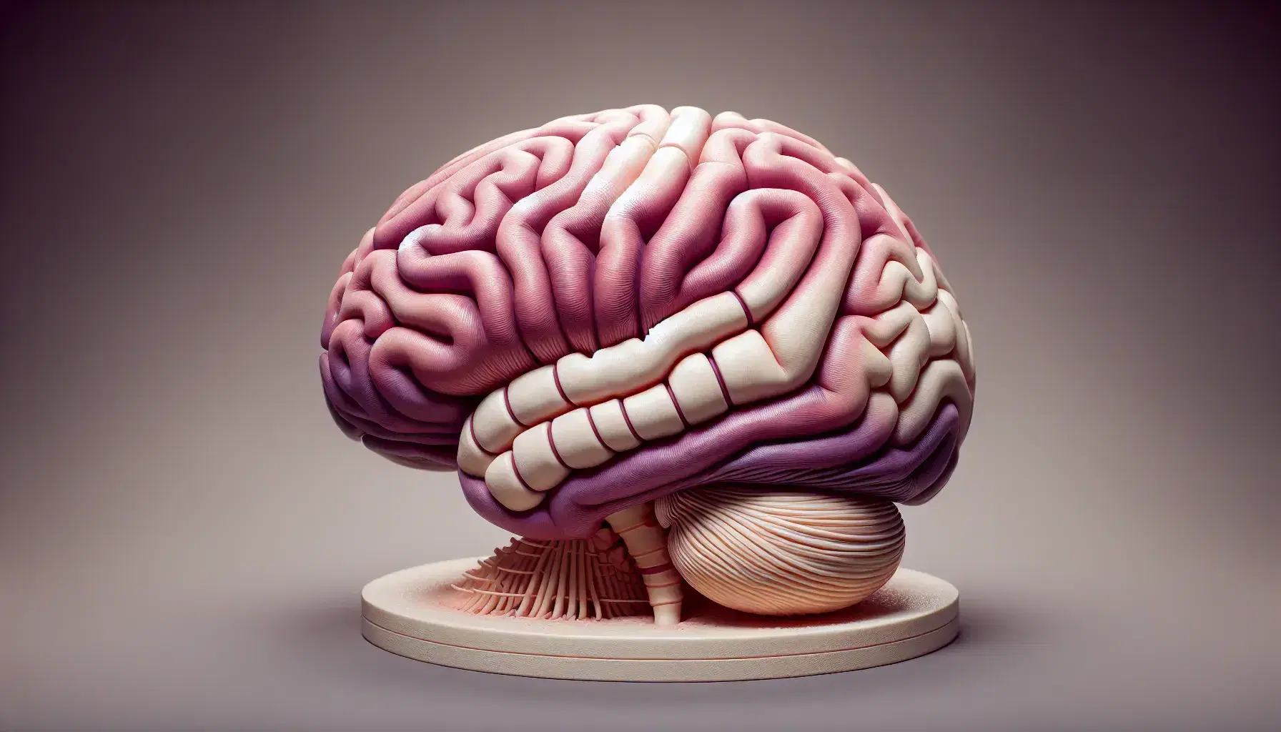 Modelo anatómico tridimensional del cerebro humano y médula espinal en tonos rosas y morados, con detalle de surcos y lóbulos, sobre fondo neutro.