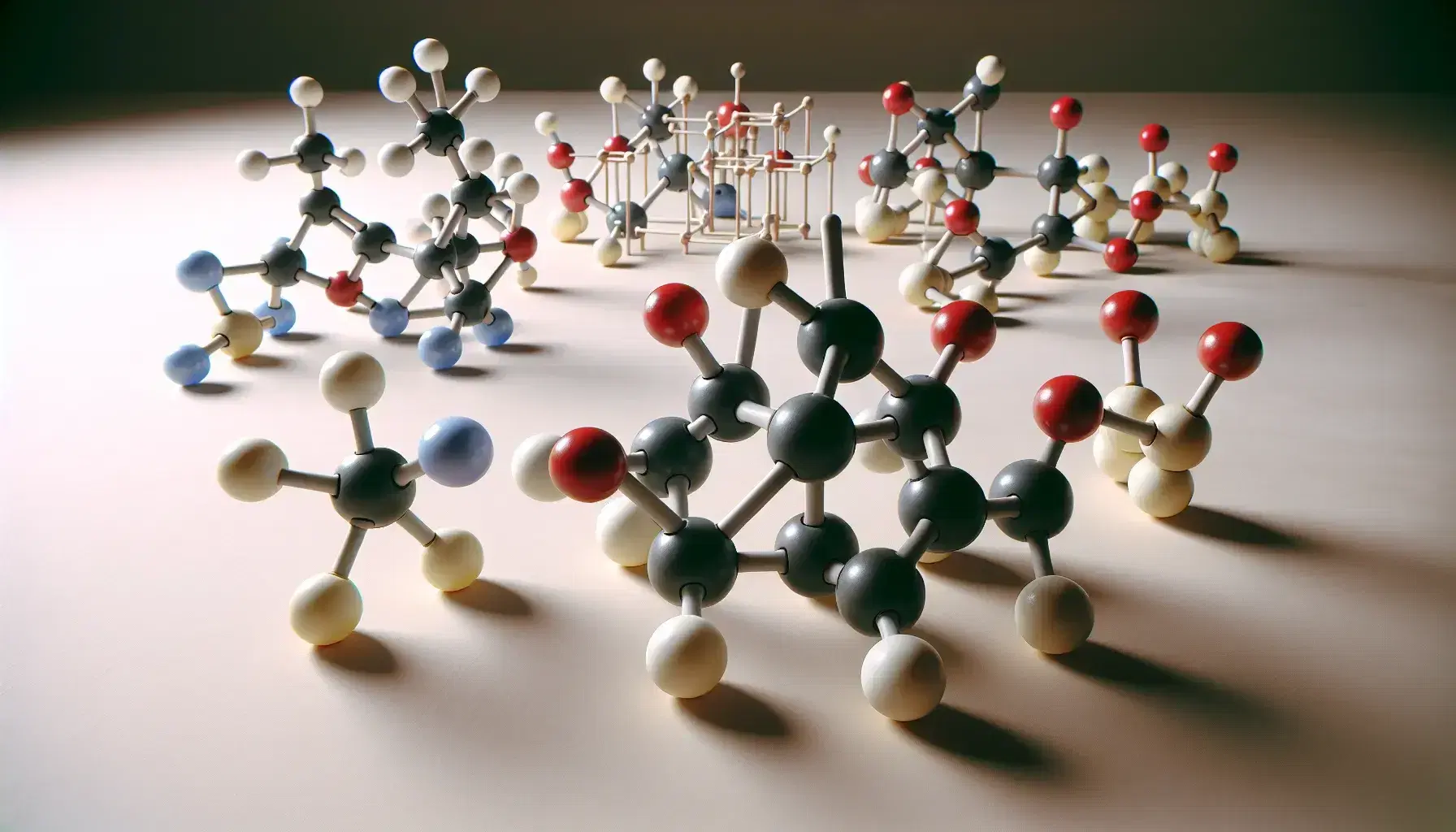 Three-dimensional molecular models on light table with colored spheres and stick connections representing atoms and chemical bonds.