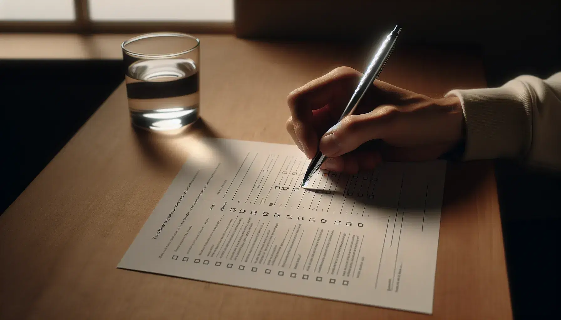 Close-up view of hands holding a ballpoint pen over a blank survey with checkboxes on a wooden desk beside a glass of water.
