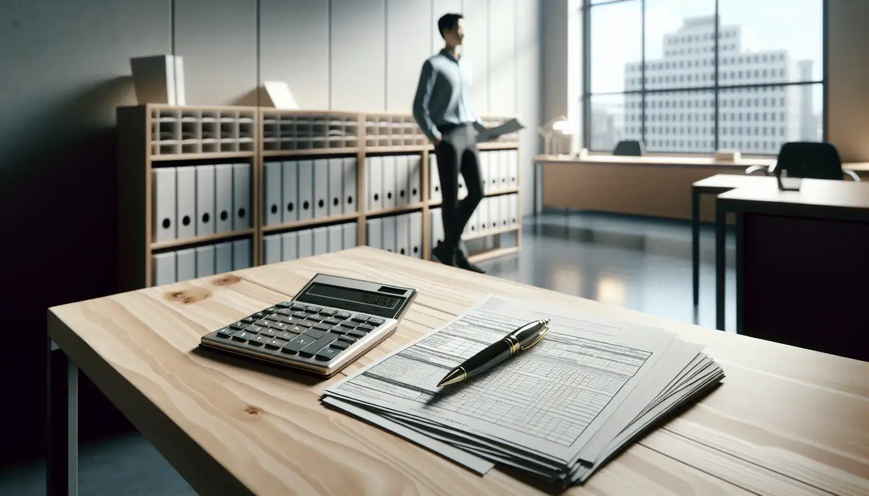 Escena de oficina gubernamental moderna con mesa de madera, calculadora, papeles y bolígrafo, y una persona de camisa azul y pantalón oscuro al fondo.