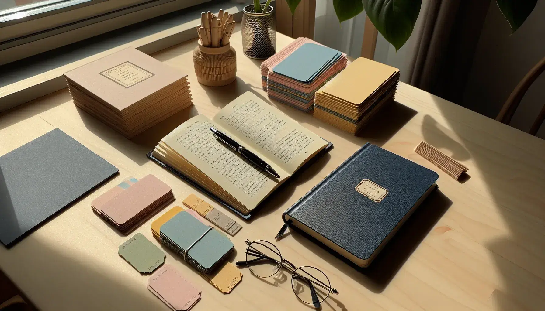 Mesa de madera clara con libro abierto, cuaderno azul oscuro, pluma estilográfica negra, montón de tarjetas de estudio pastel y gafas con marco negro bajo luz natural.