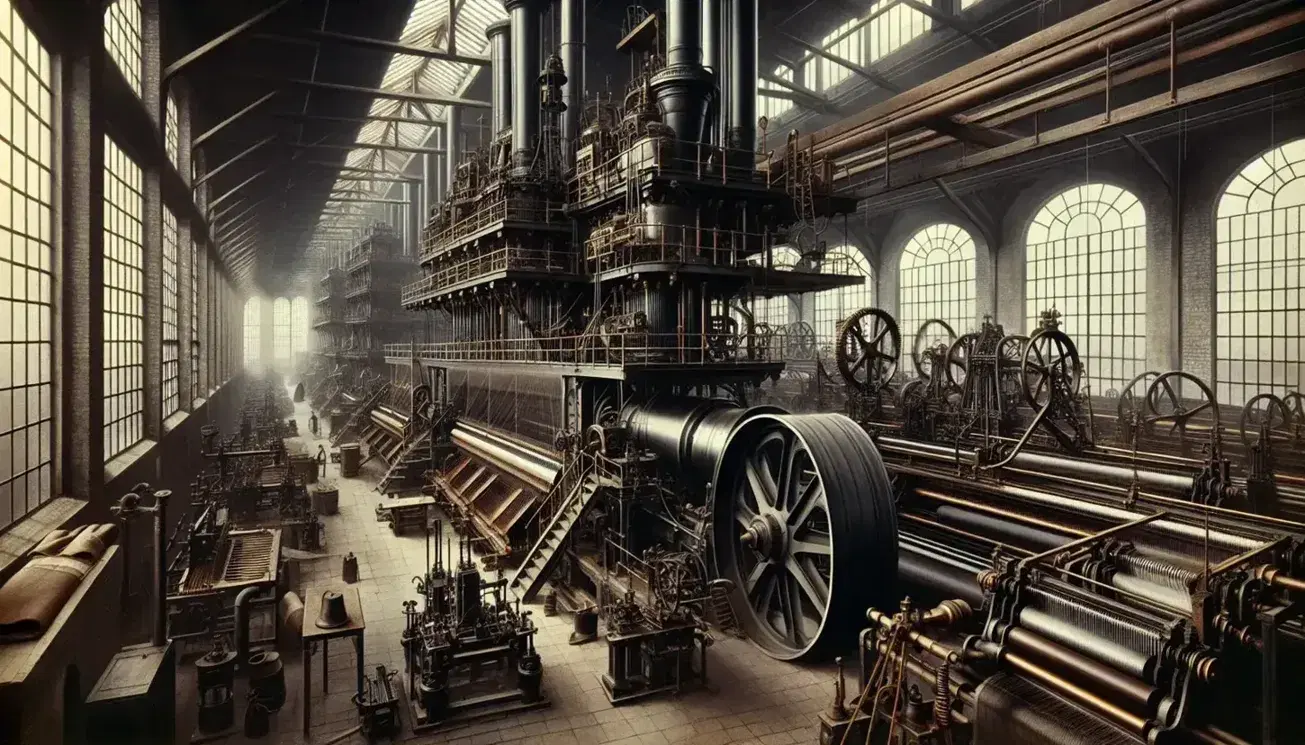 Interior de fábrica de la era de la Revolución Industrial con motor de vapor y telares mecánicos operados por trabajadores en vestimenta de época.