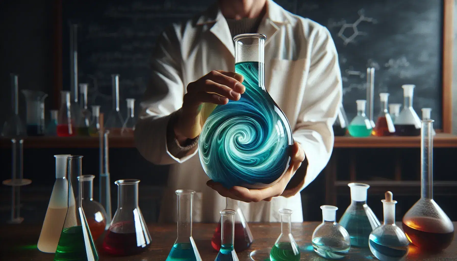 Close-up view of hands in a lab coat holding a glass flask with swirling blue and green liquids, against a blurred laboratory backdrop.