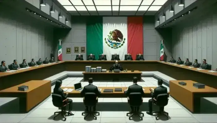 Sala de audiencia de un tribunal laboral en México con juez en toga detrás de mesa central, abogados en mesas enfrentadas y bandera nacional de fondo.