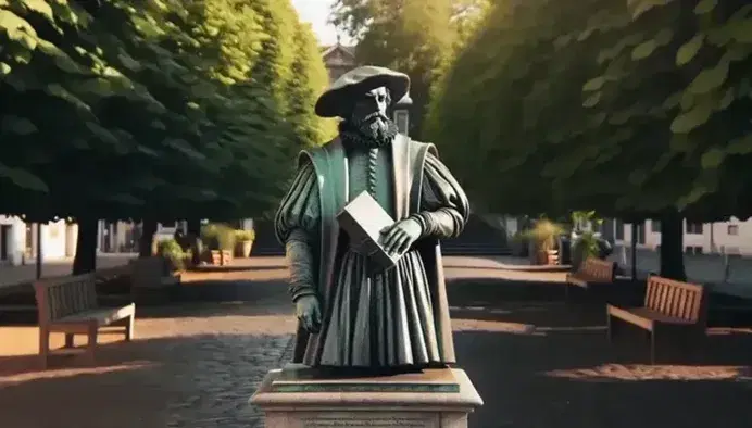 Estatua de bronce de un hombre del siglo XVI con barba, sombrero plano y sosteniendo un libro, sobre pedestal de piedra en un parque soleado con bancos de madera y árboles.