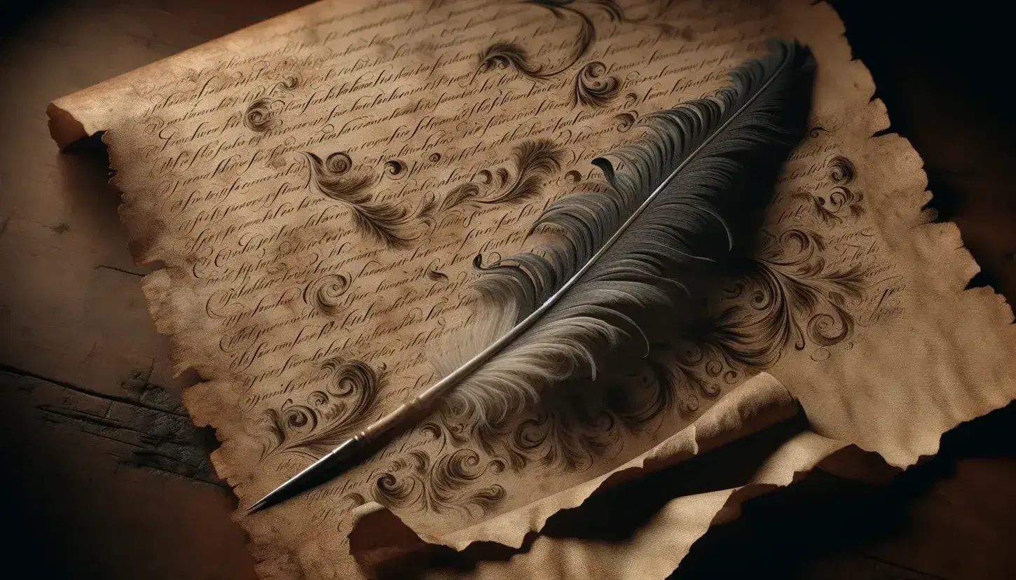 Close-up view of an antique, curled parchment with elegant, indiscernible script and a black-to-gray quill pen on a mahogany surface.