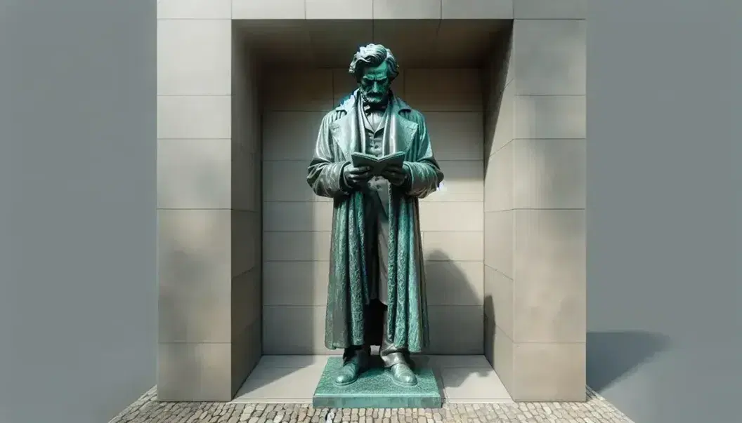 Statua in bronzo di filosofo noto in posa riflessiva su piedistallo di pietra grigia, con dettagli realistici e patina verde-azzurra, in ambiente esterno sfocato.