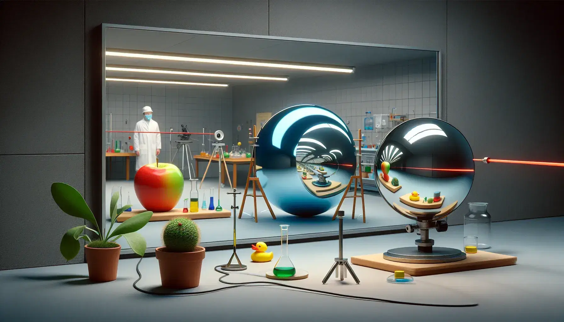 Laboratory with optical experiments, including a large mirror reflecting colorful objects, a scientist adjusting a concave mirror, and a convex mirror image.
