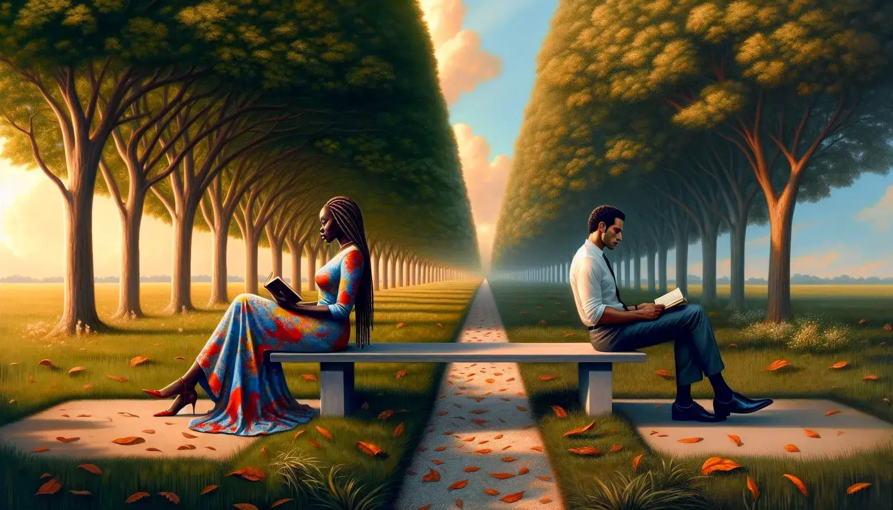 African woman reading under a tree and Hispanic man contemplating on park benches, separated by a leaf-strewn path in a serene green setting.
