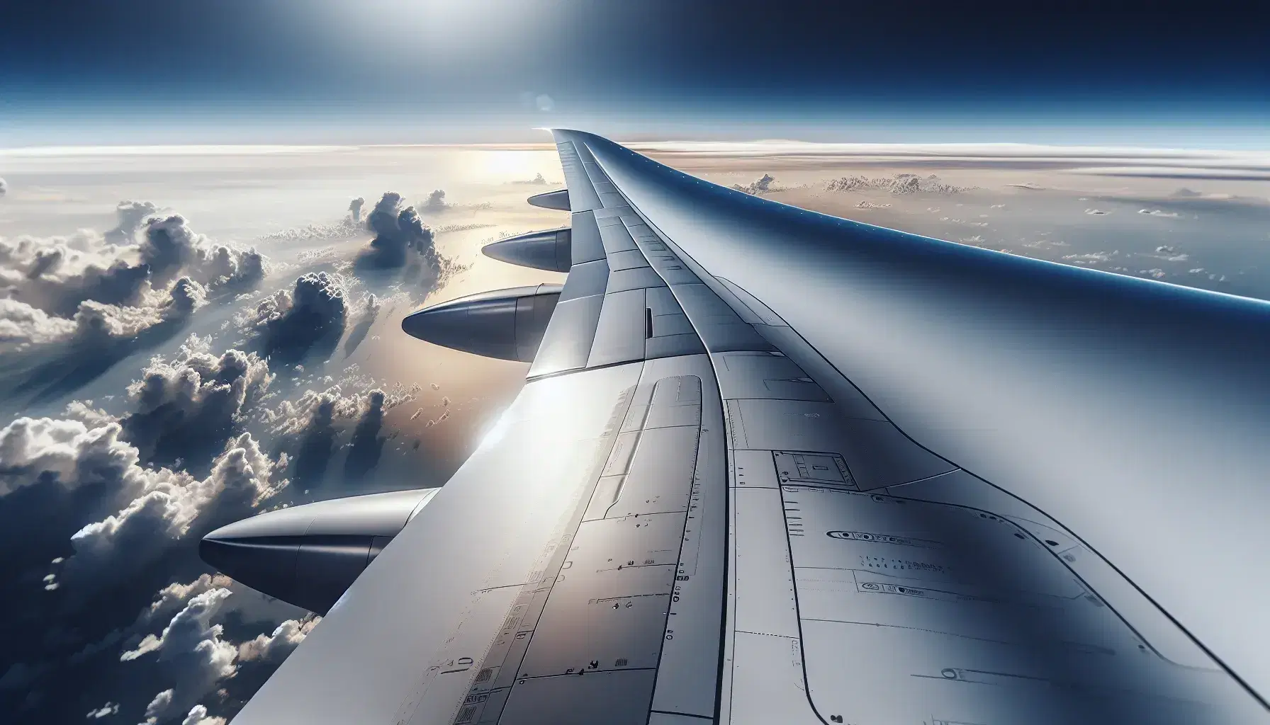 Ala de avión en vuelo con flaps extendidos, cielo azul con nubes dispersas y detalles de la estructura aerodinámica iluminada por el sol.