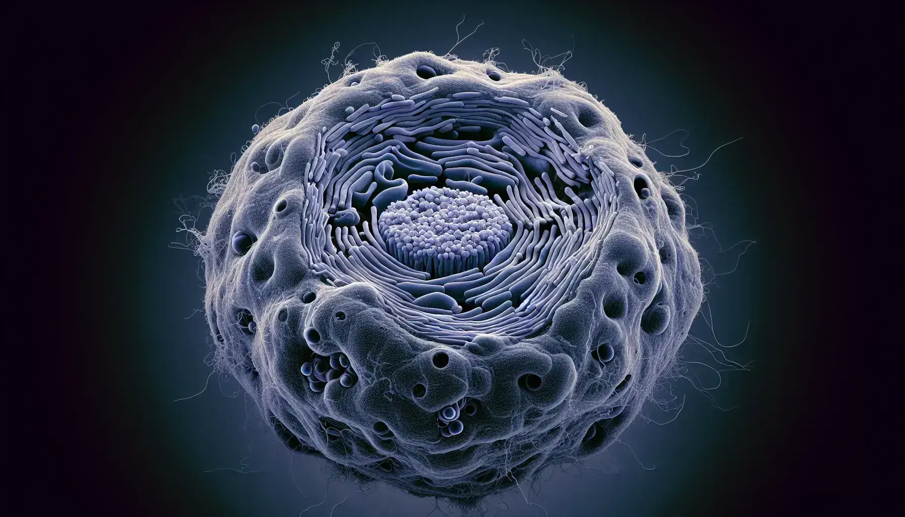 Vista microscópica de una célula eucariota con núcleo morado, cromatina entrelazada, cromosomas condensados y nucleolo blanco, rodeado de poros nucleares.