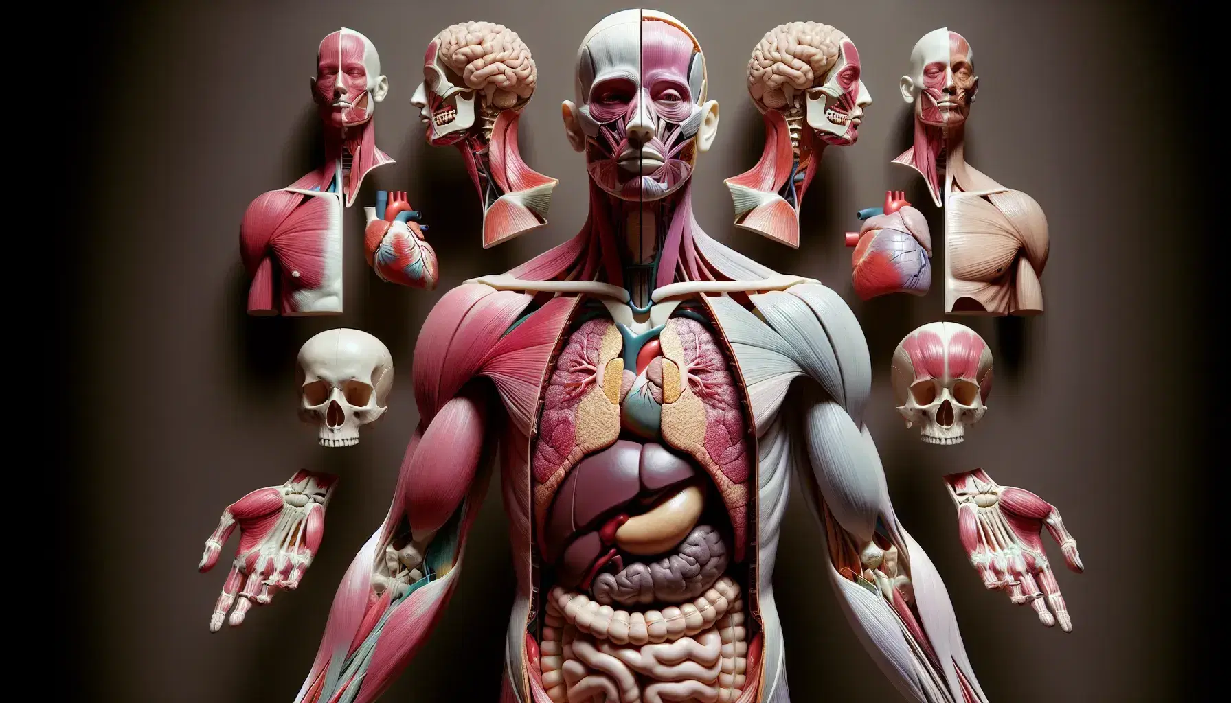 Modello anatomico umano esploso che mostra muscoli, organi interni e sistema scheletrico con dettagli del cervello e arti sezionati.