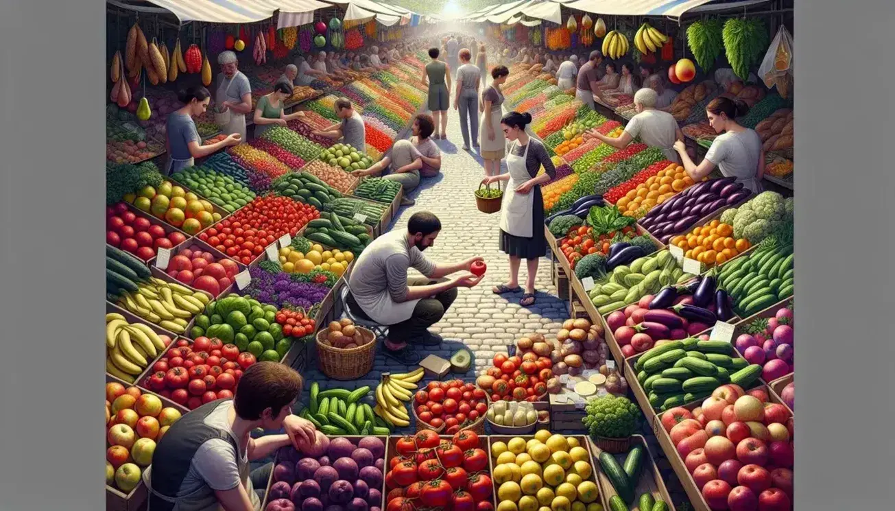 Bustling outdoor market with colorful fresh produce on display, vendor gesturing to customer, and shoppers browsing various stalls under a clear sky.