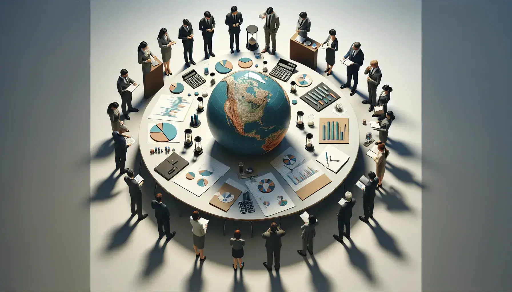 Grupo de profesionales analizando datos globales con un globo terráqueo, gráficos, calculadora y reloj de arena en una mesa redonda.