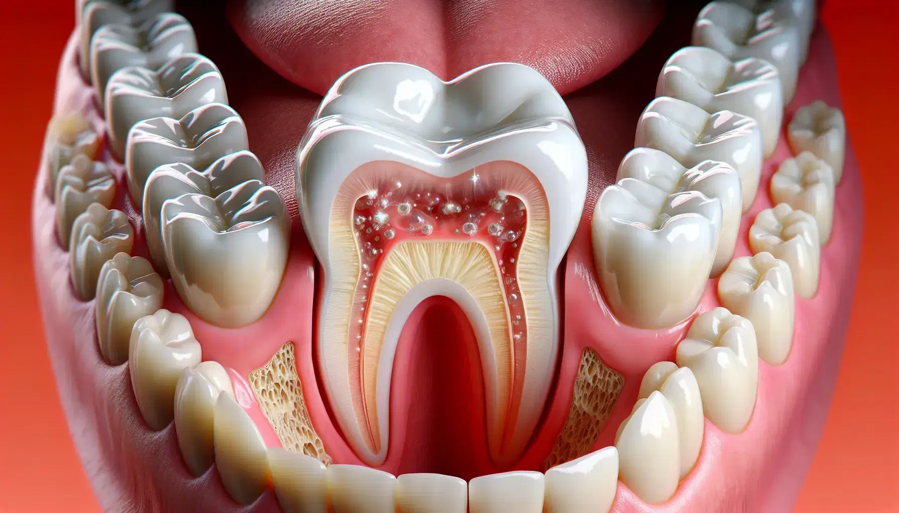 Dentadura saludable con dientes blancos y alineados, encías rosadas y muela seccionada mostrando esmalte, dentina y pulpa dental.