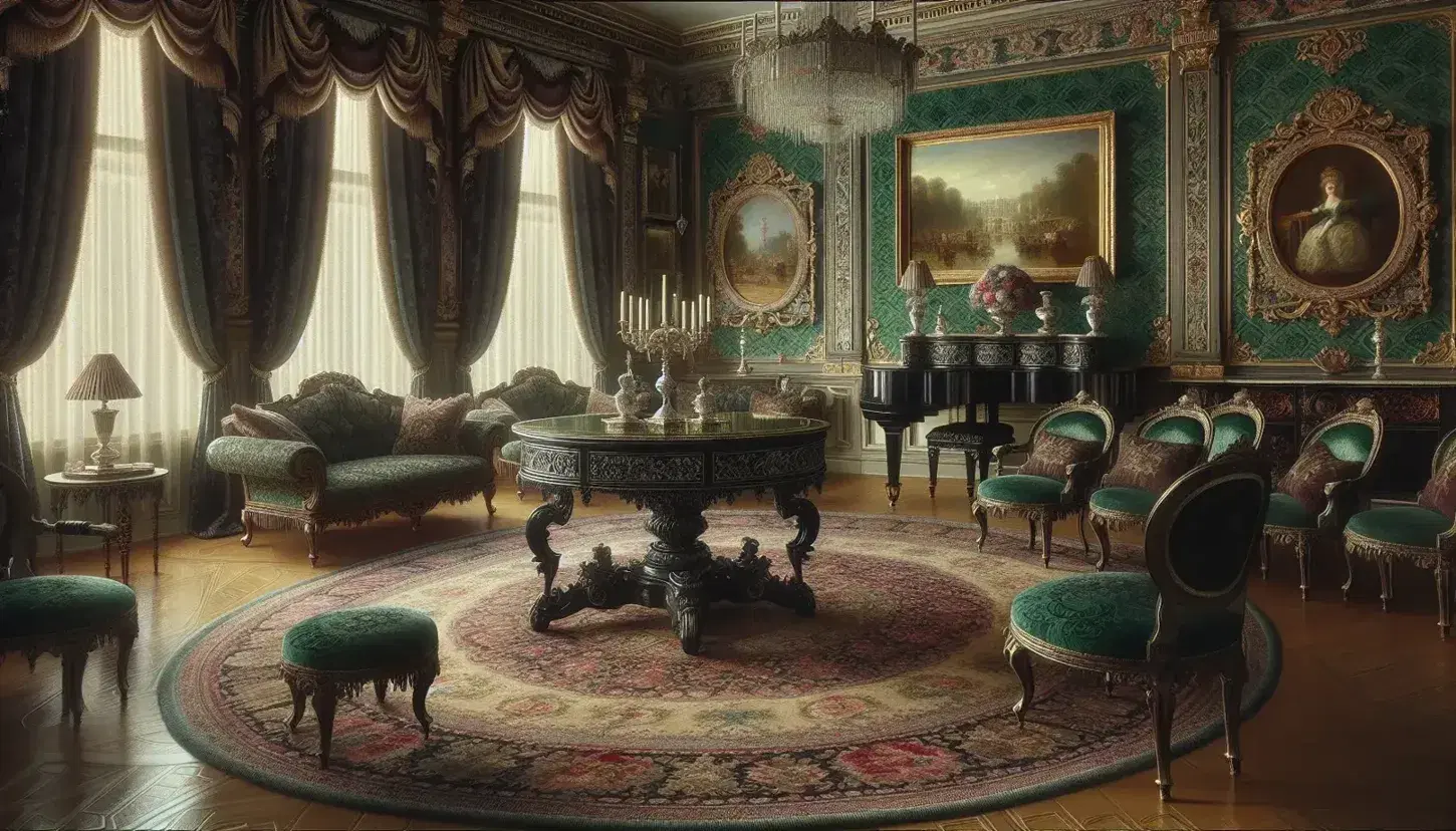 Salotto elegante Belle Époque con tappeto floreale, tavolo intarsiato, sedie damascate, pianoforte e candelabro d'argento.
