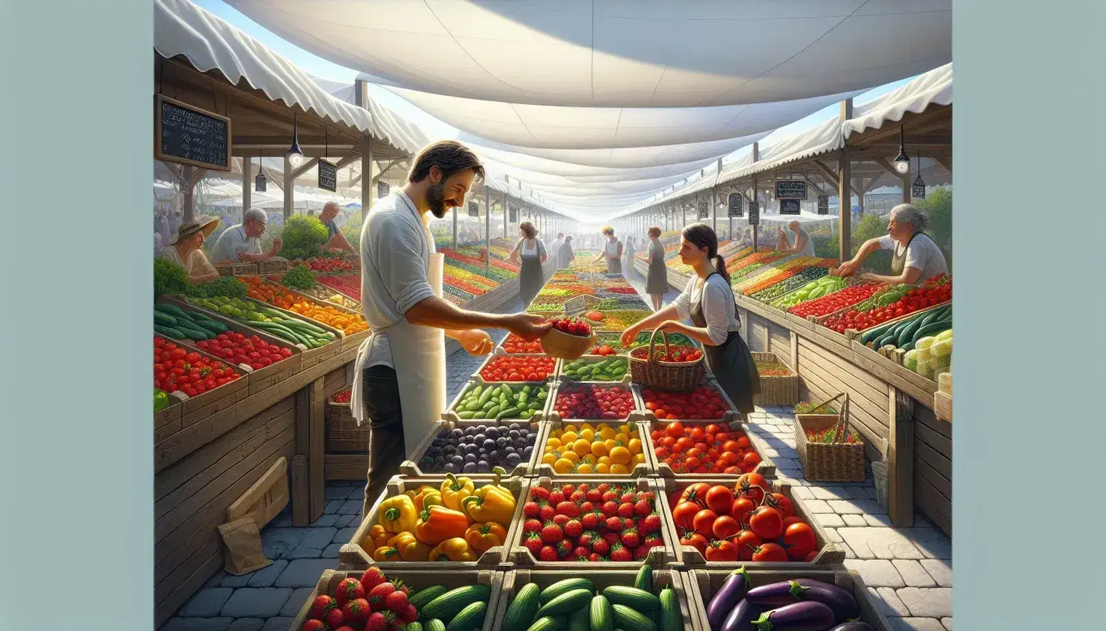 Vibrant farmers' market scene with a vendor handing strawberries to a customer, surrounded by colorful produce under a white canopy.