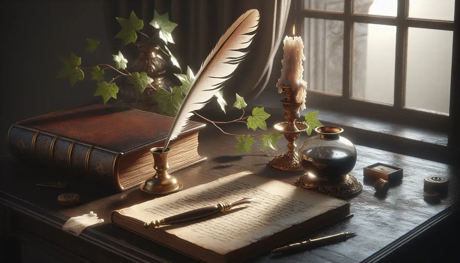 Scrivania antica in legno scuro con calamaio in ottone, piuma d'oca, libro rilegato in pelle, candela semiconsumata e edera sul davanzale.