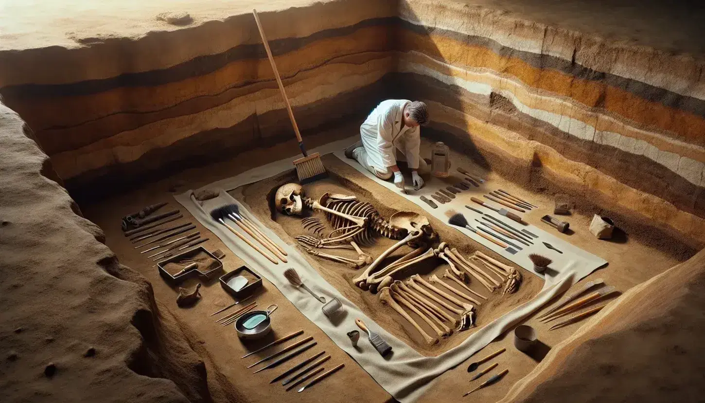 Excavación arqueológica con esqueleto humanoide en posición fetal siendo cuidadosamente desenterrado por un arqueólogo con herramientas especializadas al lado.