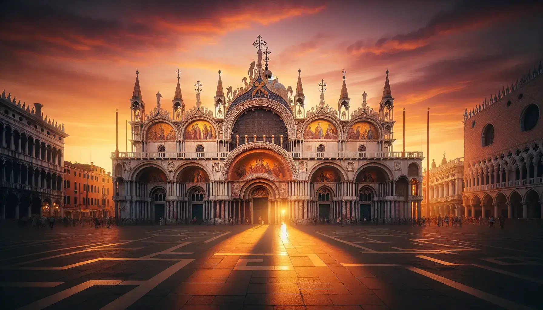 Facciata della Basilica di San Marco a Venezia illuminata dal tramonto dorato, con mosaici scintillanti e cielo arancione sfumato.