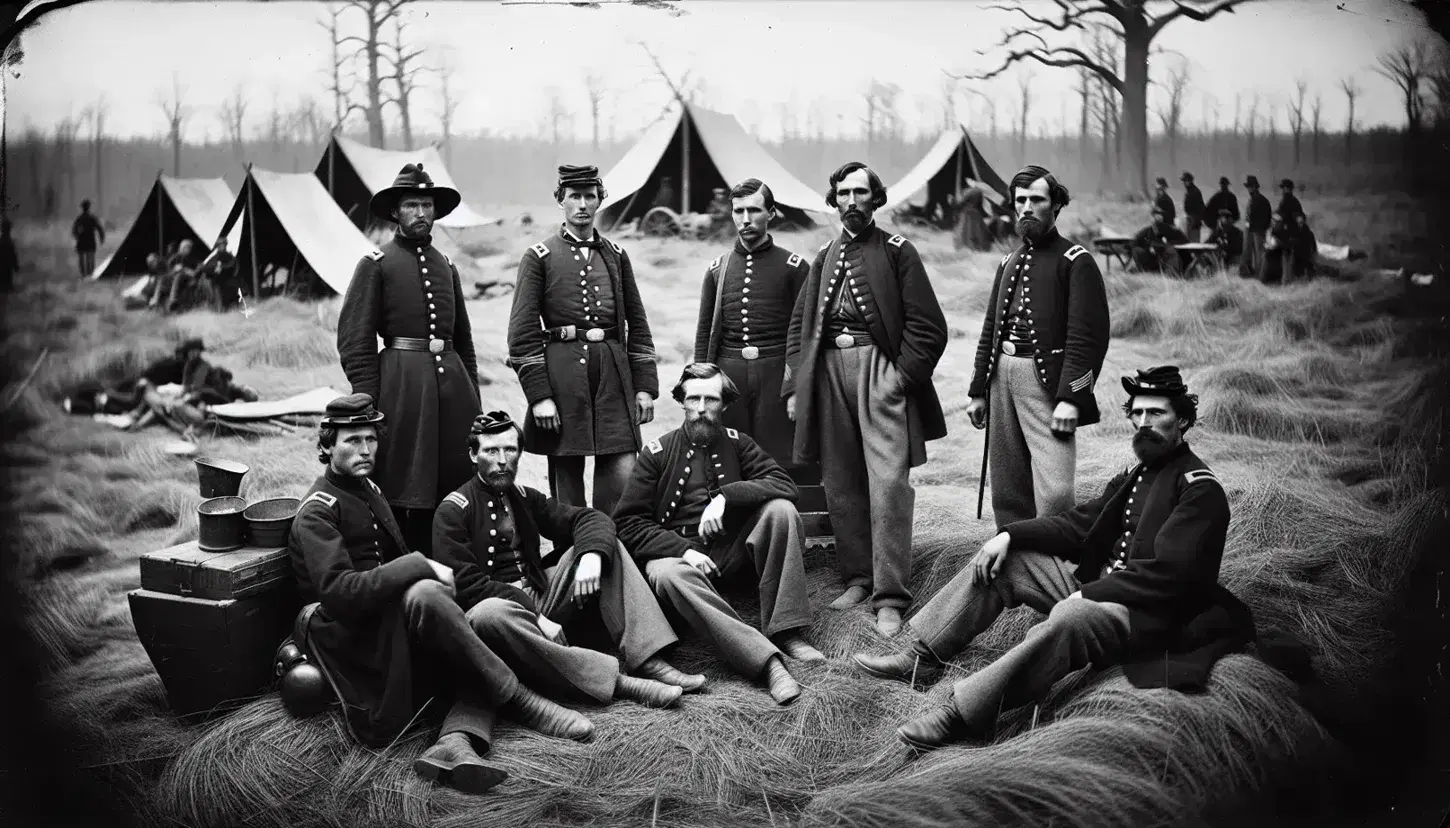Soldati in uniforme durante la Guerra Civile Americana posano in un campo con tende e alberi spogli sullo sfondo.
