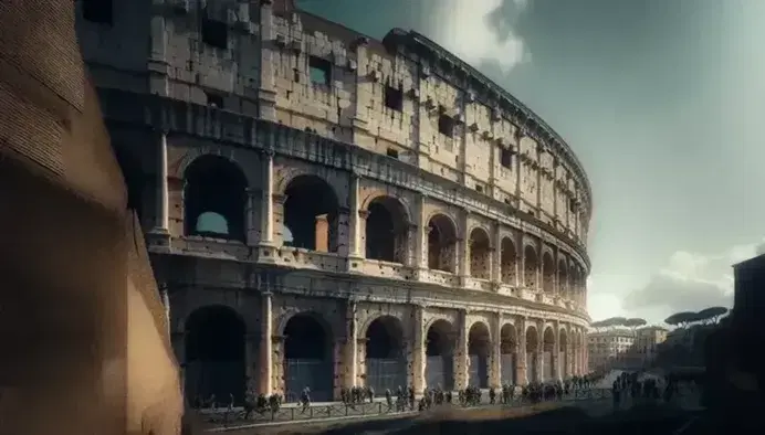 Vista parcial del Coliseo Romano en un día soleado, con turistas en primer plano y cielo azul con nubes dispersas.